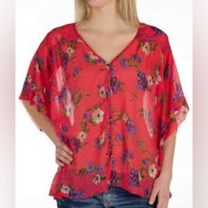 BKE Boutique coral sheer floral print flowy blouse